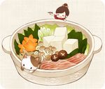  ayu_(mog) beef bowl brown_hair cat chibi chopsticks food minigirl mushroom nabe original soup tofu 