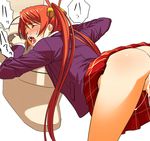  1girl a1 ass bathroom bent_over blush clothed_sex cum cum_in_pussy doggystyle eyes_closed hair_ornament highres kagurazaka_asuna legs long_hair mahou_sensei_negima! no_panties open_mouth plaid plaid_skirt red_hair saliva school_uniform sex simple_background skirt skirt_lift sweat thighs toilet twintails uncensored vaginal white_background 
