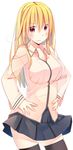  :3 blonde_hair blush breasts dress_shirt fujiwara_gacho hands_on_hips highres large_breasts long_hair looking_at_viewer original red_eyes shirt simple_background skirt smile solo thighhighs white_background 