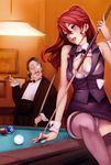  1girl blue_eyes blush cigar earrings highres indoors jewelry long_hair nishieda original panties pool_table red_hair sitting smoking thighhighs underwear white_panties wrist_cuffs 