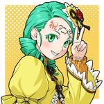  blush bow drill_hair gothic_lolita green_eyes green_hair hair_ornament ichikawa_masahiro kanaria lolita_fashion polka_dot polka_dot_background rozen_maiden smile solo v 