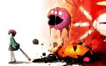  adeleine art_brush beret black_hair blood bloody_tears blue_eyes blush dark_matter dark_mind dark_nebula drawcia_soul eyes hat highres ink kirby_(series) leg_warmers monster paintbrush sasabuki shadow_kirby short_hair skirt star zero_two_(kirby) 