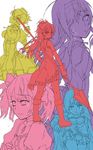  akemi_homura bad_id bad_pixiv_id bare_shoulders blue cape color-coded crying drill_hair flat_color hair_over_one_eye hairband hat kaname_madoka kno1 long_hair looking_back magical_girl mahou_shoujo_madoka_magica miki_sayaka multiple_girls one_eye_closed open_mouth pink polearm ponytail purple red sakura_kyouko short_hair short_twintails skirt spear standing tears tomoe_mami twintails weapon yellow 