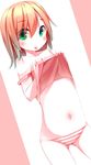  :p blush camisole copyright_request flat_chest fujiwara_gacho green_eyes hair_between_eyes looking_at_viewer panties shirt_lift short_hair solo strap_slip striped striped_panties tongue tongue_out underwear underwear_only 