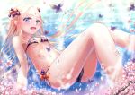  1girl :d abigail_williams_(fate/grand_order) air_bubble ass bangs bare_arms bare_shoulders bikini black_bikini black_bow blonde_hair blue_eyes blush bow breasts bubble bug butterfly commentary_request day fate/grand_order fate_(series) flower insect long_hair looking_at_viewer navel open_mouth orange_bow outdoors parted_bangs pink_flower polka_dot polka_dot_bow sanka_tan small_breasts smile solo swimsuit underwater very_long_hair water 