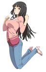  a1 absurdres bag black_hair breasts character_request denim handbag high_heels highres jeans jumping large_breasts long_hair looking_at_viewer open_shoes pants purse sandals shoes simple_background smile solo source_request toes white_background 