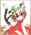  animal_ears blush brown_eyes brown_hair cat_ears cat_tail chen hat jewelry light_smile marker_(medium) multiple_tails phenne shikishi single_earring sitting solo tail touhou traditional_media 