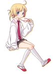  blonde_hair blue_eyes blush chika_(orange_pop) eyewear_removed glasses hair_ornament hairclip holding holding_eyewear looking_at_viewer necktie open_mouth original pink-framed_eyewear school_uniform shoes short_hair short_ponytail sitting skirt socks solo sweater uwabaki 