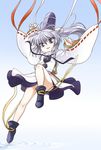  :p arms_up falling grey_eyes hat long_hair mononobe_no_futo phenne ponytail ribbon ripples silver_hair solo tate_eboshi tongue tongue_out touhou wide_sleeves 