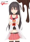  belt black_hair black_legwear chocolate choker food food_in_mouth glico highres long_hair mouth_hold navel one_side_up original pocky red_eyes saku_(kudrove) skirt solo thighhighs vest 