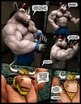  abs anthro beard biceps big_muscles black_hair blonde_hair bodybuilder bovine braford bulge cattle cgi chubby chuck_(braford) clothed clothing comic dialog dialogue dozer_(braford) english_text facial_hair fur gloves hair hairy half-dressed horn male mammal mohawk musclegut muscles nipples pecs pose red_hair rhinoceros shorts standing text topless trunks trunks_(clothing) vein weights 