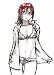  bra breasts cleavage copyright_request glasses kawazu medium_breasts monochrome navel open_clothes open_shirt panties ponytail shirt solo underwear 