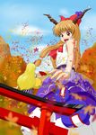  aaru_(r-kun) blonde_hair blush bow brown_eyes brown_hair chain cup giantess gourd hair_bow horn horns hoshiguma_yuugi ibuki_suika long_hair looking_down multiple_girls open_mouth sakazuki short_sleeves torii touhou 