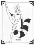  anthro black_and_white cacomistle chest_tuft chester_ringtail_magreer claws collar fingerless_gloves front fur gloves looking_at_viewer male mammal monochrome pose raised_leg ringed_tail solo spread_legs spreading standing stretching terrie_smith thong toe_claws topless tuft 