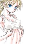  1girl 90s arched_back blonde_hair blue_eyes breasts chrono_cross cleavage closed_mouth collarbone colored_eyelashes eyelashes kid_(chrono_cross) lifted_by_self medium_breasts multi-tied_hair s-a-murai simple_background sketch solo tank_top_lift toned upper_body white_background white_tank_top 