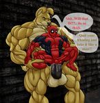  anal anal_penetration anthro balls biceps big big_balls big_penis black_penis brown_fur bulge canine costume cum cum_in_anus cum_in_ass cum_inside cum_on_penis cum_string cumshot deadpool dialog dog duo erection fur gay green_eyes gripping holding huge_muscles huge_penis human hyper interspecies leaking licking male mammal marvel mask muscles naval navel nipples nude on_top orgasm pecs penetration penis reverse_cowgirl_position sex sheath size_difference text thick_penis tongue tongue_out uniform vein yellow_fur 