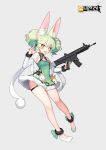  :3 absurdres animal_ear_fluff animal_ears ankle_cuffs ankle_ribbon art556_(girls_frontline) bangs charles_(106858) commentary copyright_name detached_sleeves double_bun dress fang fur-trimmed_dress fur-trimmed_sleeves fur_trim girls_frontline green_dress green_hair green_ribbon grey_background gun hair_ribbon highres holding holding_gun holding_weapon looking_at_viewer open_mouth pom_pom_(clothes) ribbon ribbon-trimmed_sleeves ribbon_trim side_bun simple_background sleeveless sleeveless_dress smile solo taurus_art556 thigh_strap translated weapon white_footwear white_sleeves yellow_eyes 