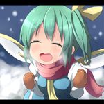  blue_dress breasts brown_gloves closed_eyes daiyousei dress fairy_wings gloves green_hair hair_ribbon kuromu_(underporno) letterboxed medium_breasts open_mouth ribbon scarf shirt side_ponytail smile snowing solo touhou upper_body wings 
