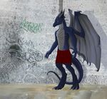  anthro ayron biceps blajn blue_body claws clothed clothing dragon graffiti gryph000 half-dressed horn male muscles outside pants paws pecs plain_background pose red_eyes scales scalie shadow shorts solo spikes standing toe_claws topless wings 