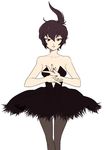  ahoge ballerina ballet bare_shoulders black_hair dress fingernails looking_at_viewer makeup miming pantyhose parted_lips princess_kraehe princess_tutu red_eyes regain rue_(princess_tutu) short_hair simple_background solo standing thigh_gap translated tutu white_background 