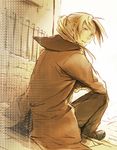  blonde_hair conqueror_of_shambala edward_elric fence fullmetal_alchemist long_hair male_focus ocosato ponytail sitting sketch solo yellow_eyes 