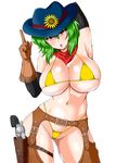  arm_behind_head bikini blush breasts brown_gloves cameltoe chaps cleavage contrapposto cowboy_hat cowboy_shot curvy detached_sleeves finger_gun flower gloves green_hair gun handgun hat hat_ribbon holster huge_breasts kazami_yuuka looking_at_viewer micro_bikini navel neckerchief open_mouth red_eyes revolver ribbon sawa_(snack_yoshie) shiny shiny_skin short_hair skindentation solo standing sunflower swimsuit touhou weapon western wide_hips yellow_bikini 