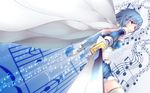  absurdres blue_eyes blue_hair cape gloves highres hullzion looking_at_viewer magical_girl mahou_shoujo_madoka_magica miki_sayaka musical_note short_hair smile solo staff_(music) sword weapon white_gloves 