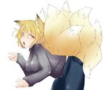  alternate_costume animal_ears bacho bent_over blonde_hair contemporary denim fox_ears fox_tail jeans jewelry long_sleeves looking_at_viewer multiple_tails open_mouth pants ribbed_sweater single_earring solo sweater tail touhou yakumo_ran yellow_eyes 
