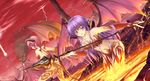  :d ass demon_girl demon_horns demon_tail demon_wings dutch_angle highres holding horns kopianget leaning_forward long_hair looking_at_viewer looking_back multiple_girls navel open_mouth original polearm purple_hair red_eyes smile spear tail volcano weapon wings 
