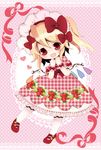  :d alternate_costume blonde_hair blush bonnet bow dress fang flandre_scarlet hair_bow haru_(citron_citron) heart highres open_mouth pantyhose polka_dot polka_dot_background red_eyes side_ponytail smile solo touhou white_legwear wings wrist_cuffs 