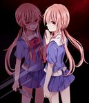  blood blood_on_face bow dark_background dark_persona different_reflection dual_persona gasai_yuno hair_bow knife kouko looking_at_viewer looking_back low_twintails mirai_nikki mirror pink_hair red_eyes reflection sidelocks skirt standing twintails 