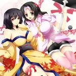  2girls akatsuki_yakyou breasts cleavage hair_ornament highres large_breasts leaf miltank multiple_girls navel personification pink_legwear pokemon red_eyes ribbon tail thighhighs typhlosion zettai_ryouiki 