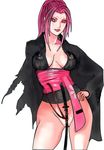  1girl arc_system_works baiken bottomless breasts facial_mark guilty_gear hand_on_hip japanese_clothes long_hair looking_at_viewer mikazuki_shigure mikazukishigure nipples no_panties pink_hair see-through solo standing sword weapon 