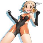  bar_censor bare_shoulders black_gloves blush bodysuit breasts cameltoe censored covered_nipples drop_shadow elbow_gloves gloves hair_ornament headgear highres light_brown_hair looking_at_viewer open_mouth orange_bodysuit senki_zesshou_symphogear shadow short_hair side_cutout simple_background skin_tight small_breasts solo tachibana_hibiki_(symphogear) tears unyon white_background yellow_eyes 