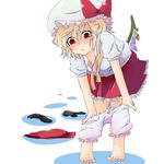  ascot bacho barefoot bent_over blonde_hair bloomers bloomers_pull blush flandre_scarlet hat hat_ribbon red_eyes ribbon side_ponytail skirt socks solo touhou underwear undressing wings 