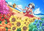  aioi_aoi blue_sky breasts cloud day dress field flower flower_field green_hair juliet_sleeves kazami_yuuka large_breasts long_sleeves mountain necktie open_mouth petals puffy_sleeves rainbow_order red_dress red_eyes red_neckwear shirt short_hair sky smile solo sunflower touhou tulip watering watering_can 