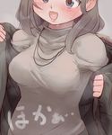  :3 black_eyes black_hair blush breasts coat long_hair looking_at_viewer medium_breasts open_clothes open_coat open_mouth original shimetta_seiya smile solo steam sweat 