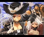  2boys ;) bag barrel black_hair bob_(biyonbiyon) breasts cloud collarbone gloves grin hat headband highres holding large_breasts letterboxed looking_at_viewer multiple_boys muscle one_eye_closed original sky smile v white_gloves white_hair 