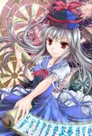  dress genjiguruma hat kamishirasawa_keine long_hair red_eyes ribbon scroll silver_hair smile solo tokin_hat touhou yuki_shuuka 