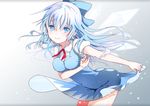  alternate_hair_length alternate_hairstyle ass bad_id bad_pixiv_id blue_dress blue_eyes blue_hair blush bow breasts cirno dress dress_lift hair_bow ice ice_wings leaning_forward long_hair looking_at_viewer medium_breasts simple_background solo teenage touhou wings yamada_ranga 
