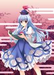  blue_hair bow dress egasumi genjiguruma hair_bow hat kamishirasawa_keine long_hair red_eyes ribbon scroll smile solo takatsukasa_yue tokin_hat touhou 