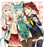  3girls alisa_ilinichina_amiella argyle argyle_background atlus blue_eyes breasts brown_eyes brown_hair china_dress chinese_clothes crossover detached_sleeves dress god_eater god_eater_2 god_eater_2:_rage_burst green_eyes green_hair hatsune_miku kujikawa_rise lace lace-trimmed_thighhighs long_hair moonku multiple_girls navel persona persona_4 project_diva_f school_uniform serafuku skirt thigh_gap thighhighs twintails underboob very_long_hair vocaloid white_hair wink world&#039;s_end_dancehall_(vocaloid) world's_end_dancehall_(vocaloid) 