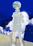  arm_sling ayanami_rei bandage_over_one_eye bandages blue_hair bottomless cane cloud donguri_(norinko) expressionless eyepatch neon_genesis_evangelion pale_skin red_eyes short_hair skinny sky solo 