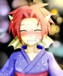  1girl artist_request bangs blush dragon_girl eyes_closed festival fins granberia grin highres japanese_clothes kimono looking_at_viewer monster_girl monster_girl_quest pointy_ears red_hair short_hair smile tattoo teeth young 