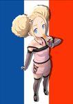  1girl afro blonde_hair blue_eyes candy detached_sleeves fingerless_gloves flag french french_flag gloves hair_bun hair_ornament hairclip heart jewelry lollipop looking_up navel necklace nekota_susumu niyang53 off_shoulder original pink short_hair skirt solo striped striped_legwear 