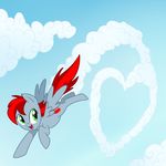  &lt;3 cloud clouds cutie_mark equine female flying green_eyes grey_body hair happy heartstrike hi_res horse looking_back madmax mammal my_little_pony open_mouth pegasus pony red_hair sky smile solo trail wings 
