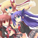  blonde_hair blue_eyes bow brown_hair green_eyes kamikita_komari little_busters! long_hair multiple_girls natsume_rin pink_bow plaid plaid_skirt ponytail purple_hair red_eyes ryuuga_nanamaru sasasegawa_sasami school_uniform skirt thighhighs twintails 