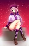  1girl aizawa_momoka blush breasts btk bursting_breasts female full_body gradient gradient_background hat honoo_no_haramase_paidol_my_star_gakuen_z huge_breasts legs legs_crossed looking_at_viewer pink_hair shoes sitting skirt smile snowing socks solo squeez thighs yellow_eyes 