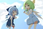  akisha ascot bad_id bad_pixiv_id blue_eyes blue_hair blue_sky bow cirno cloud daiyousei day fairy_wings fang food green_eyes green_hair hair_bow hair_ribbon melting multiple_girls open_mouth popsicle puffy_sleeves ribbon shirt shirt_tug short_sleeves side_ponytail skirt skirt_set sky summer sweat touhou vest watermelon_bar wavy_mouth wings 