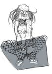  all_fours barefoot breasts cleavage fangs feet fishnets from_below genderswap genderswap_(mtf) greyscale jewelry kanemaki_thomas long_hair medium_breasts monochrome monster_girl necklace open_mouth predator predator_(movie) sketch solo squatting thighhighs 